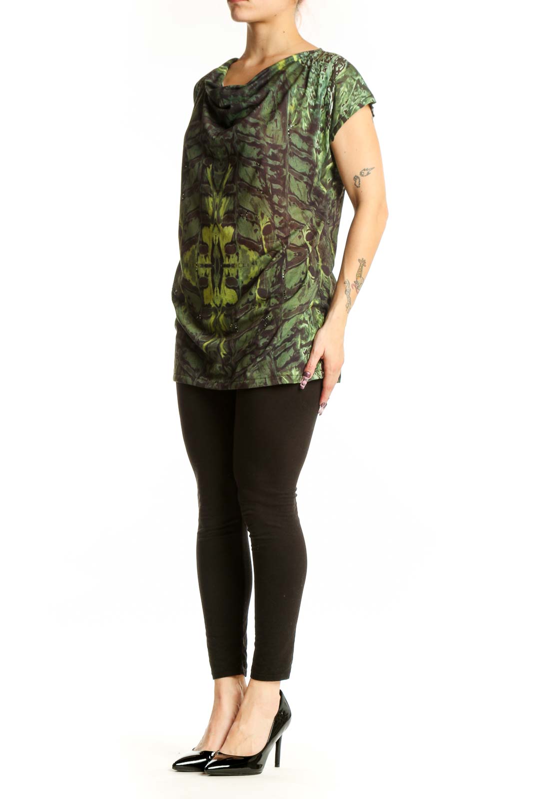 Kenneth Cole New York green ornamental print short sleeve top with cowl neckline, front view