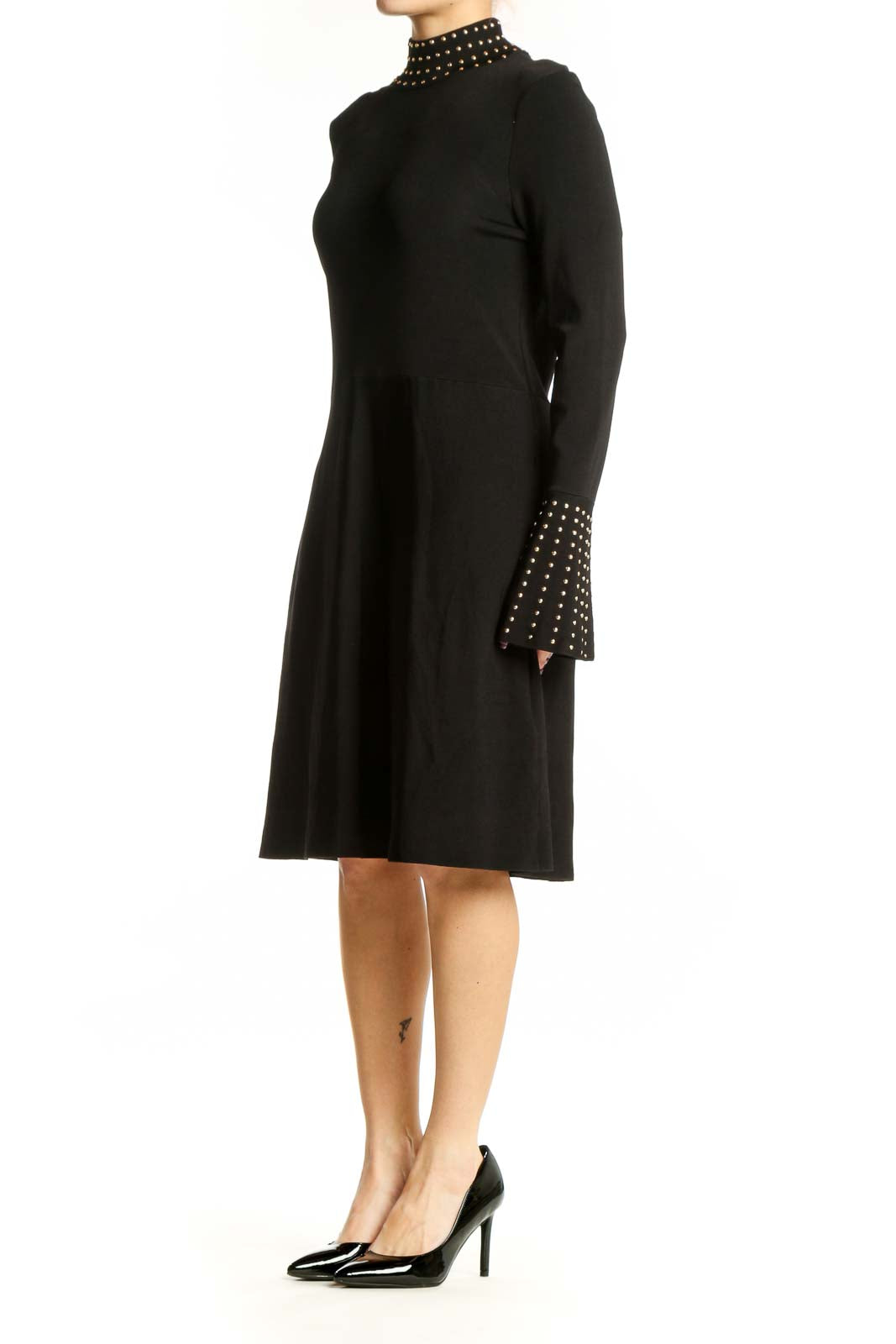 Black studded mock neck midi dress with bell cuffs, front view