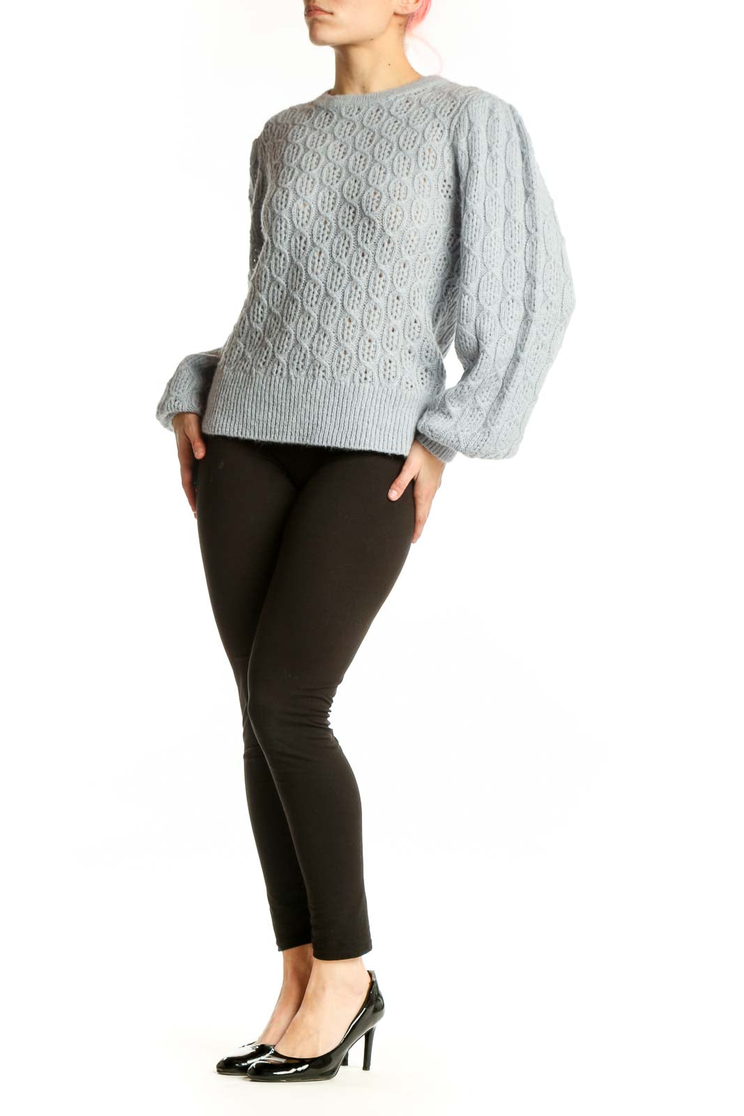 Gray cable knit pullover sweater with intricate pattern and puffed sleeves, front view