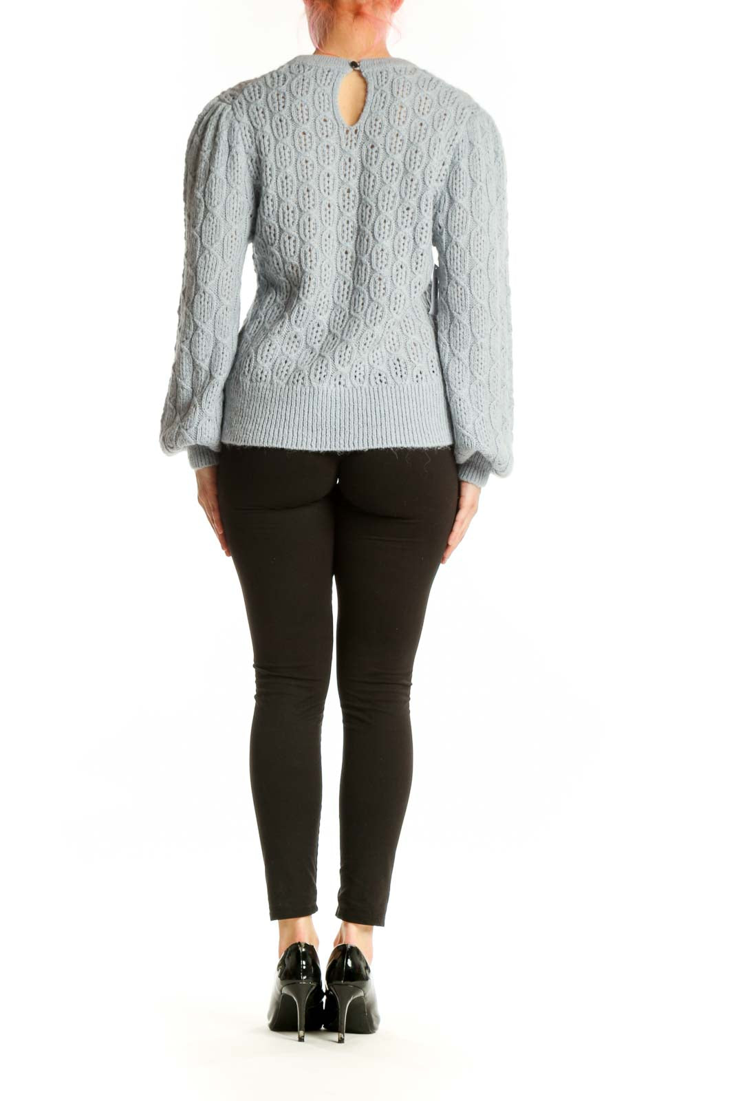 Gray cable knit pullover sweater with puffed sleeves, back view