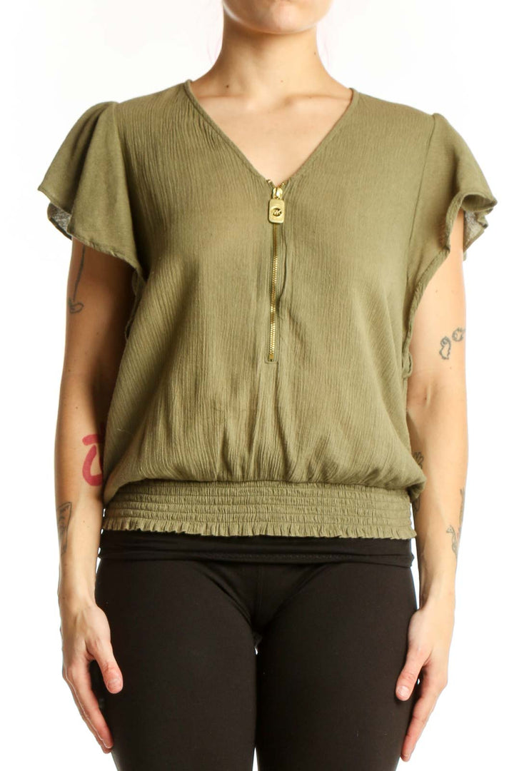 Sage green flutter sleeve blouson top with V-neckline and zip closure, front view