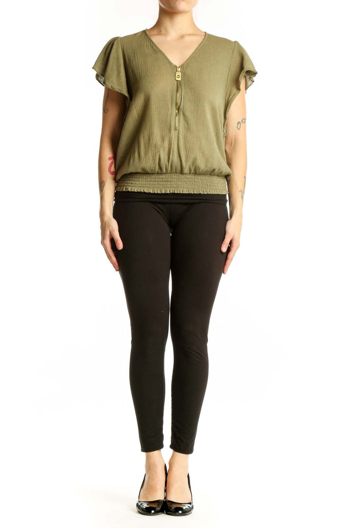 Sage green flutter sleeve blouson top with V-neckline and zip closure, front view