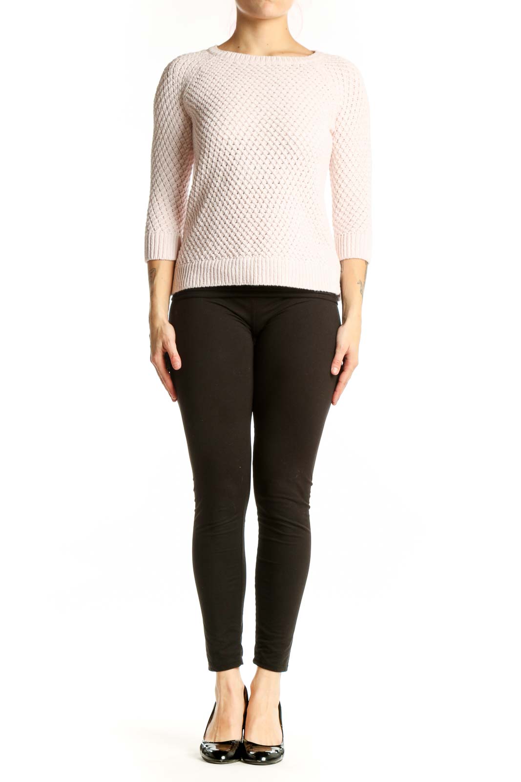 Cream cable knit pullover sweater with waffle texture and three-quarter sleeves, front view