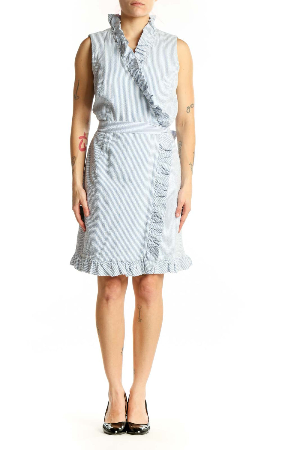 Blue and white striped cotton wrap dress with ruffle detailing and defined waistline, front view