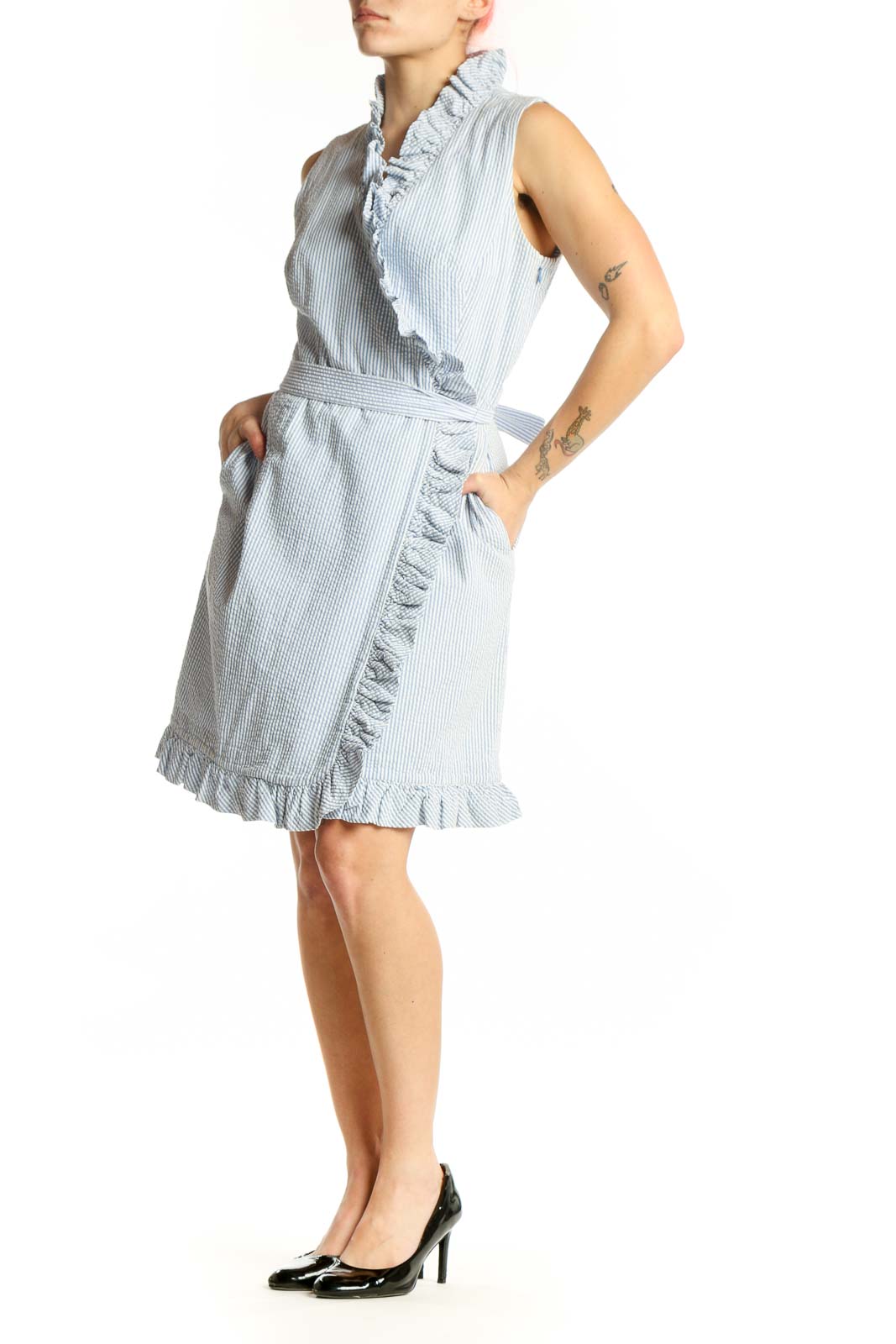Blue and white striped cotton wrap dress with ruffle detailing and defined waistline, front view