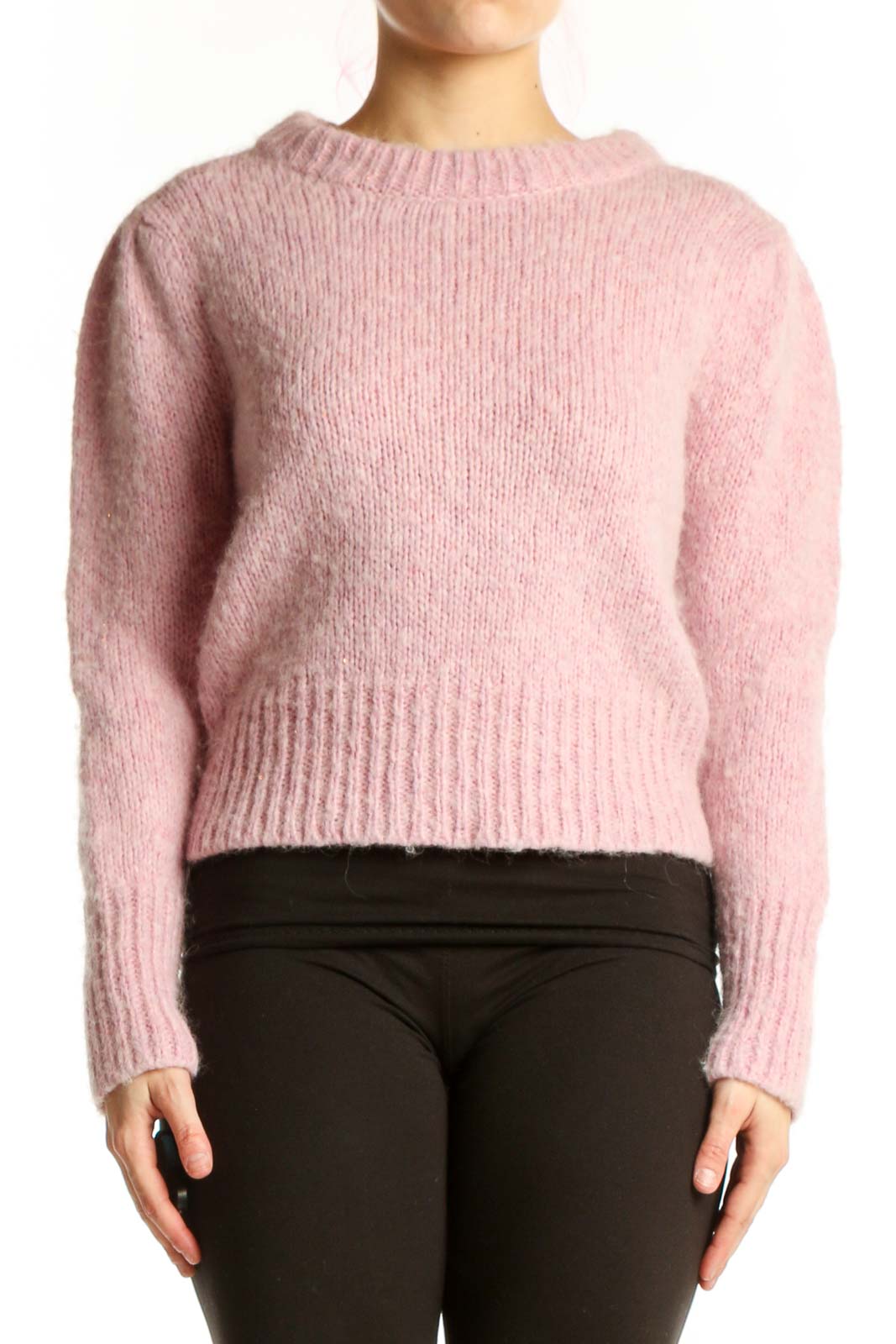 Pink cropped knit pullover sweater with crew neck and long sleeves, front view