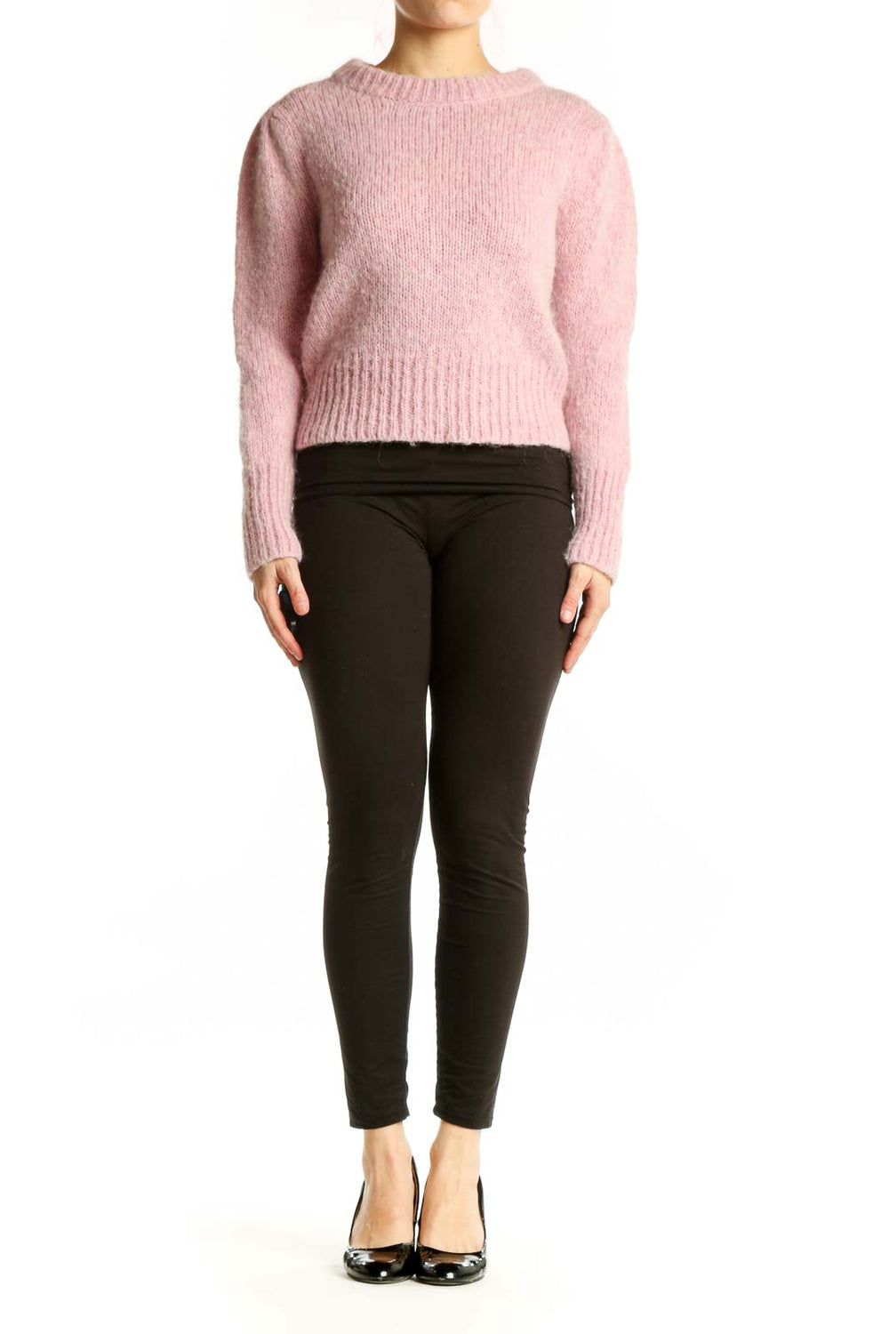 Pink cropped knit pullover sweater with crew neck and long sleeves, front view