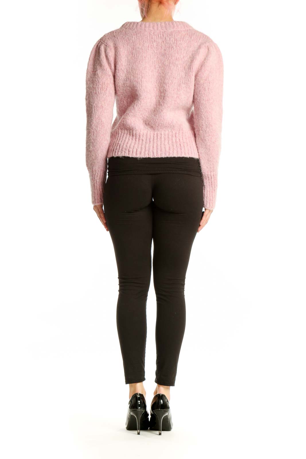 Pink cropped knit pullover sweater with crew neck and long sleeves, back view