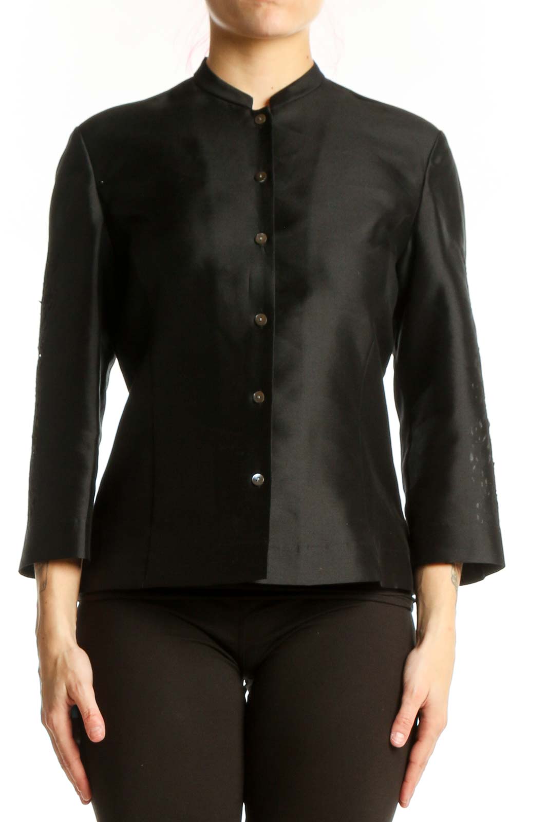 Black silk button-front jacket with mandarin collar and metallic buttons, front view