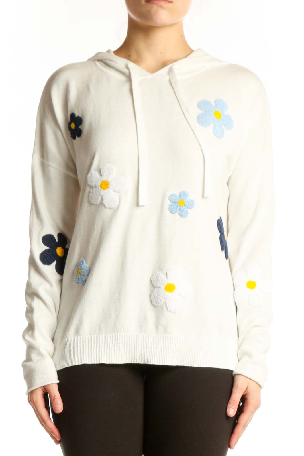 Cream cotton hoodie with colorful embroidered floral daisy design on front and sleeves