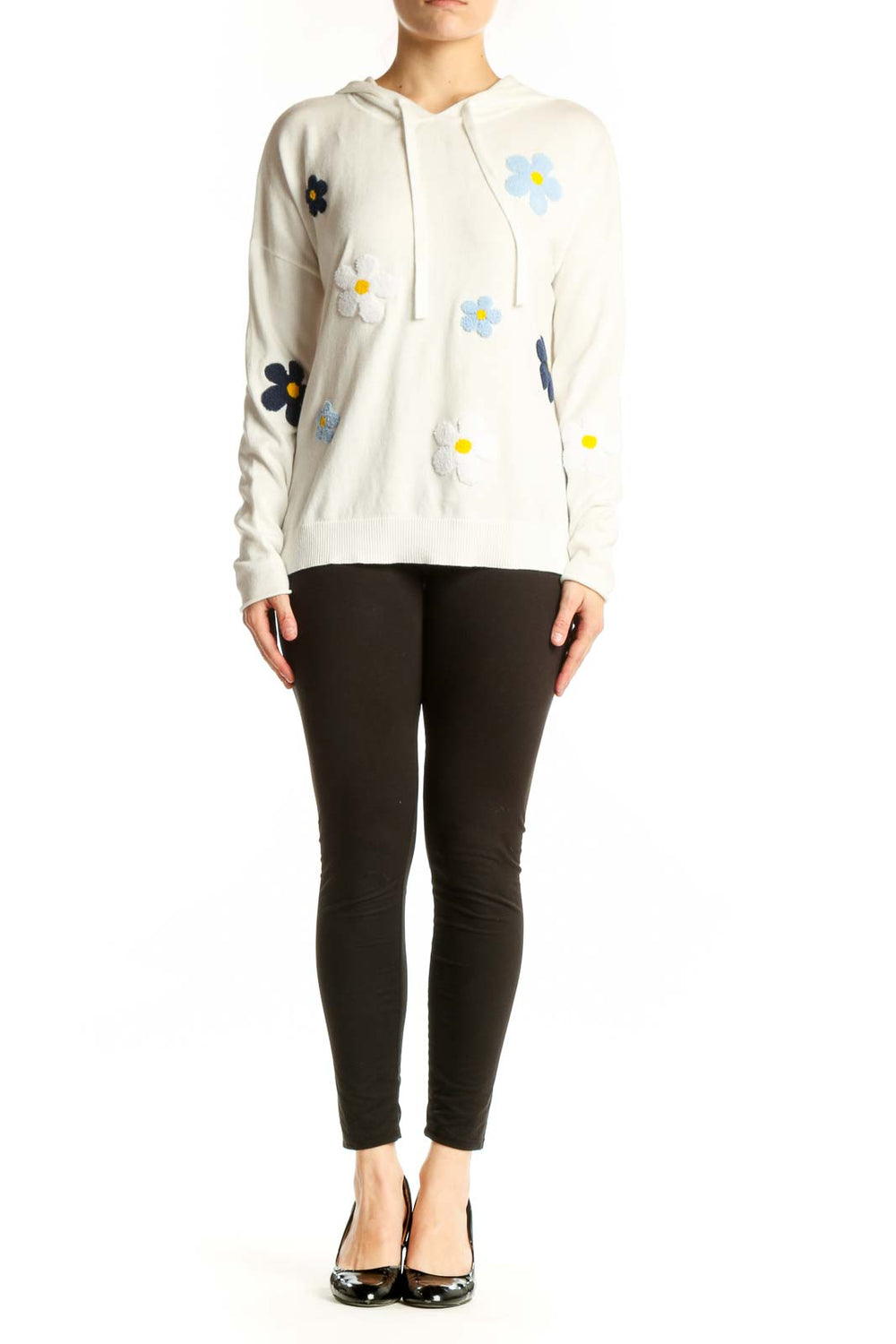 Cream cotton hoodie with colorful embroidered floral daisy design on front and sleeves