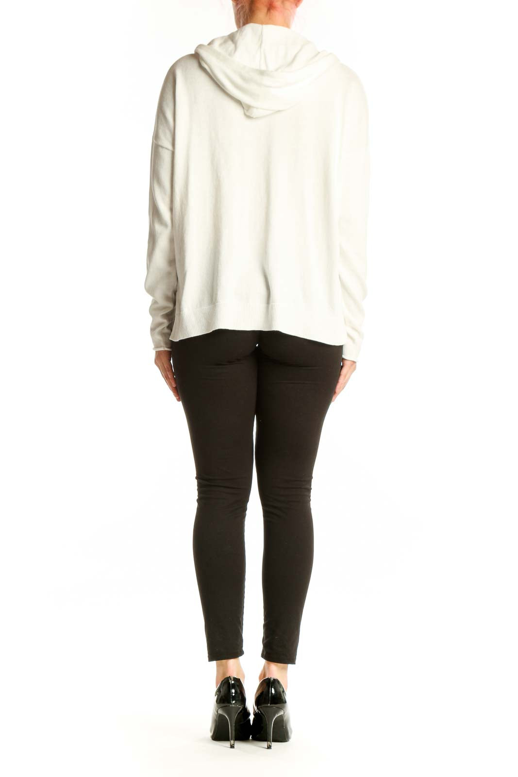Back view of cream floral embroidered hoodie showing scattered daisy pattern and drawstring hood