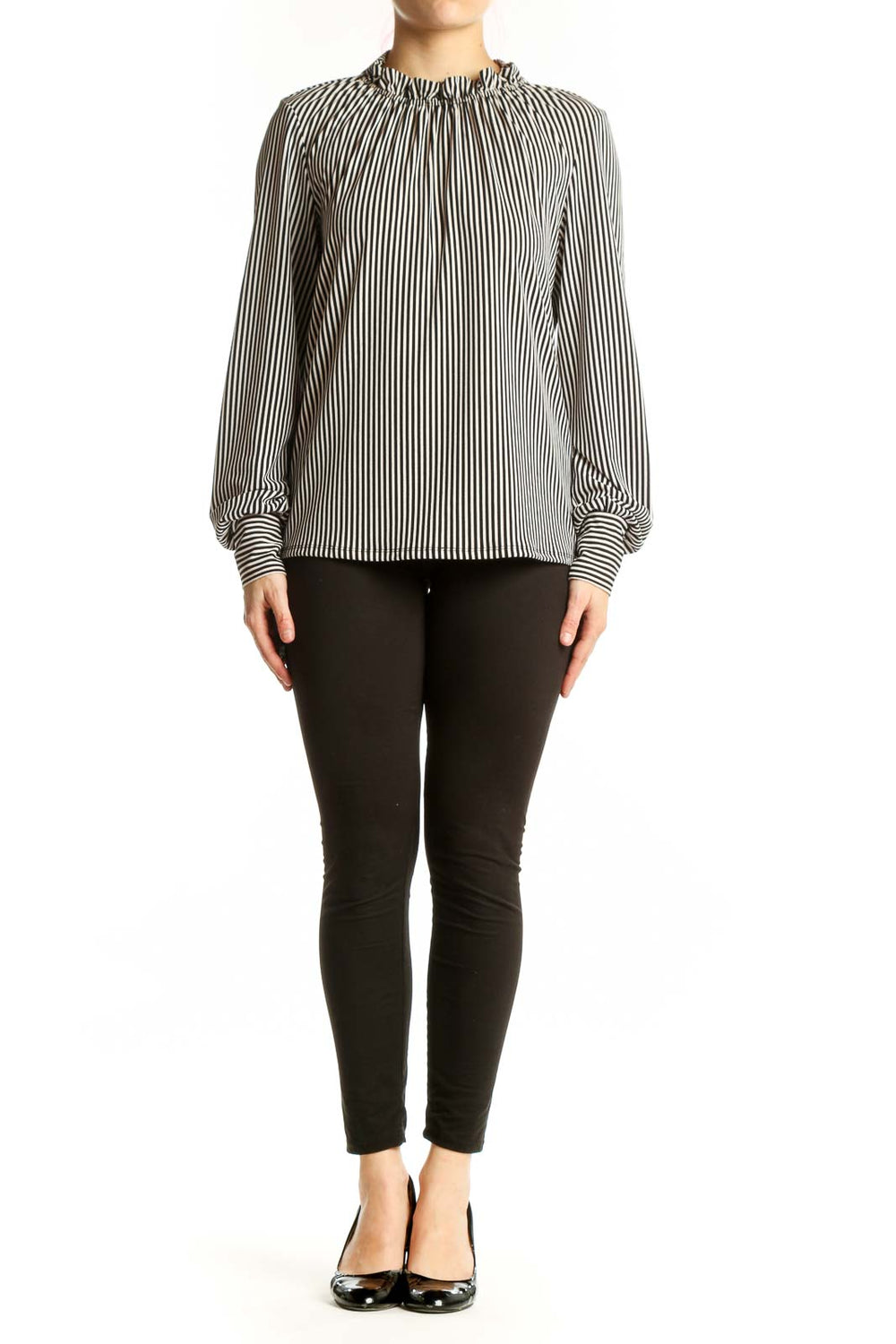 Black and white vertical striped blouse with gathered neckline and long voluminous sleeves