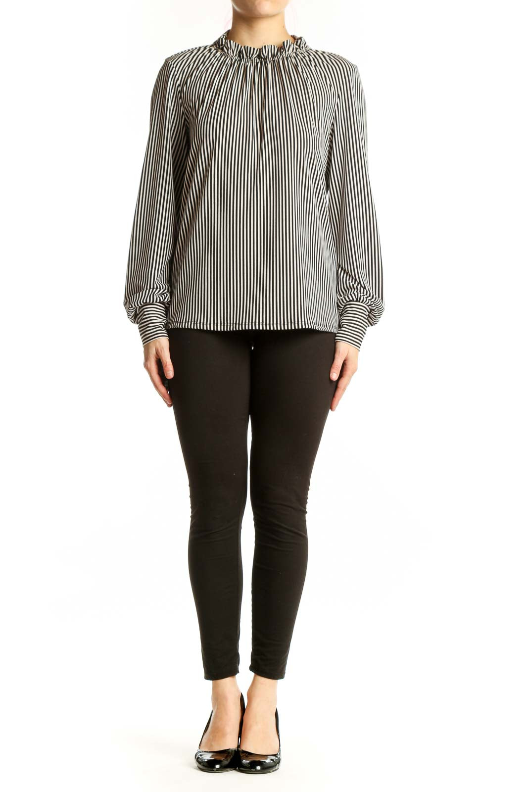 Black and white vertical striped blouse with gathered neckline and long voluminous sleeves