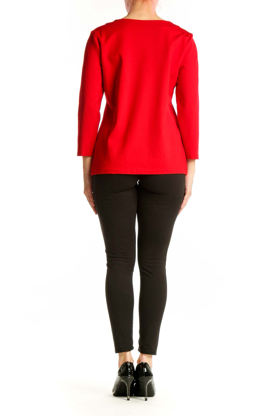 Red long sleeve top with bow neckline detail, back view on model