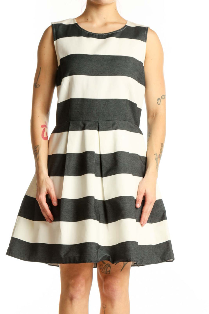 Black and cream striped sleeveless A-line dress by Gap, front view