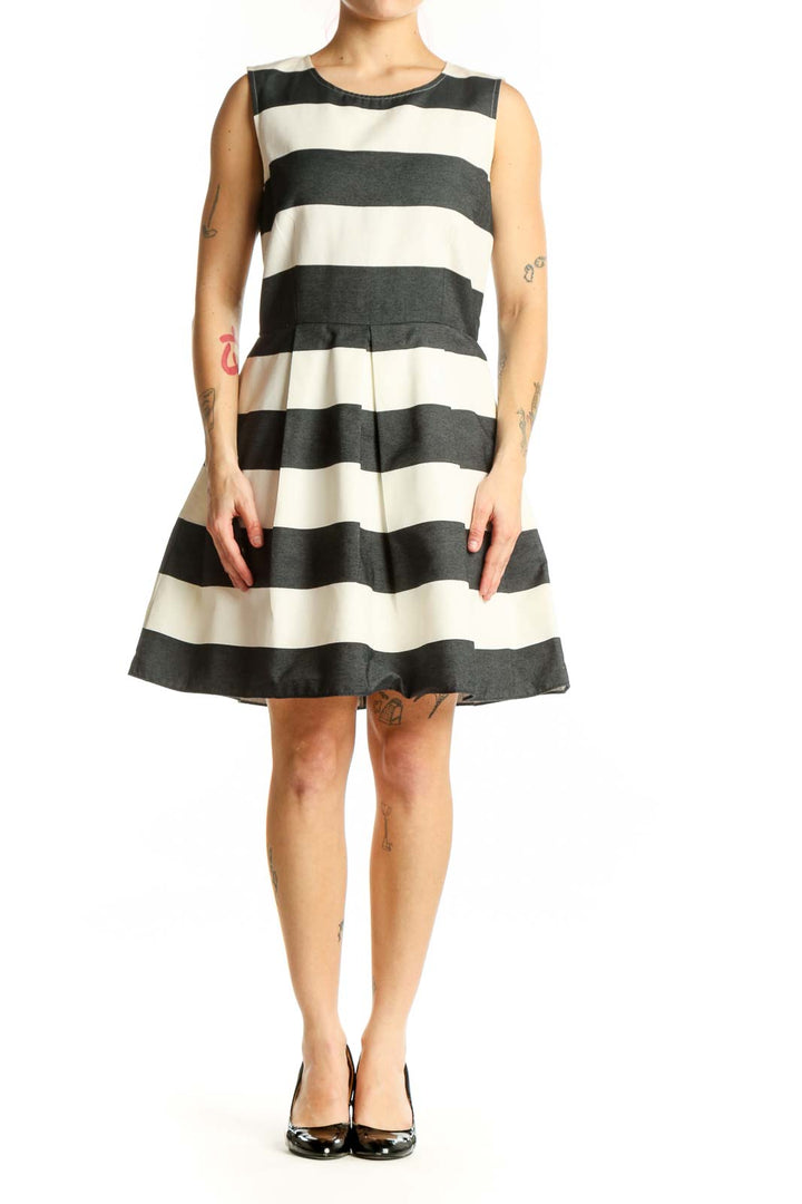 Black and cream striped sleeveless A-line dress by Gap, front view
