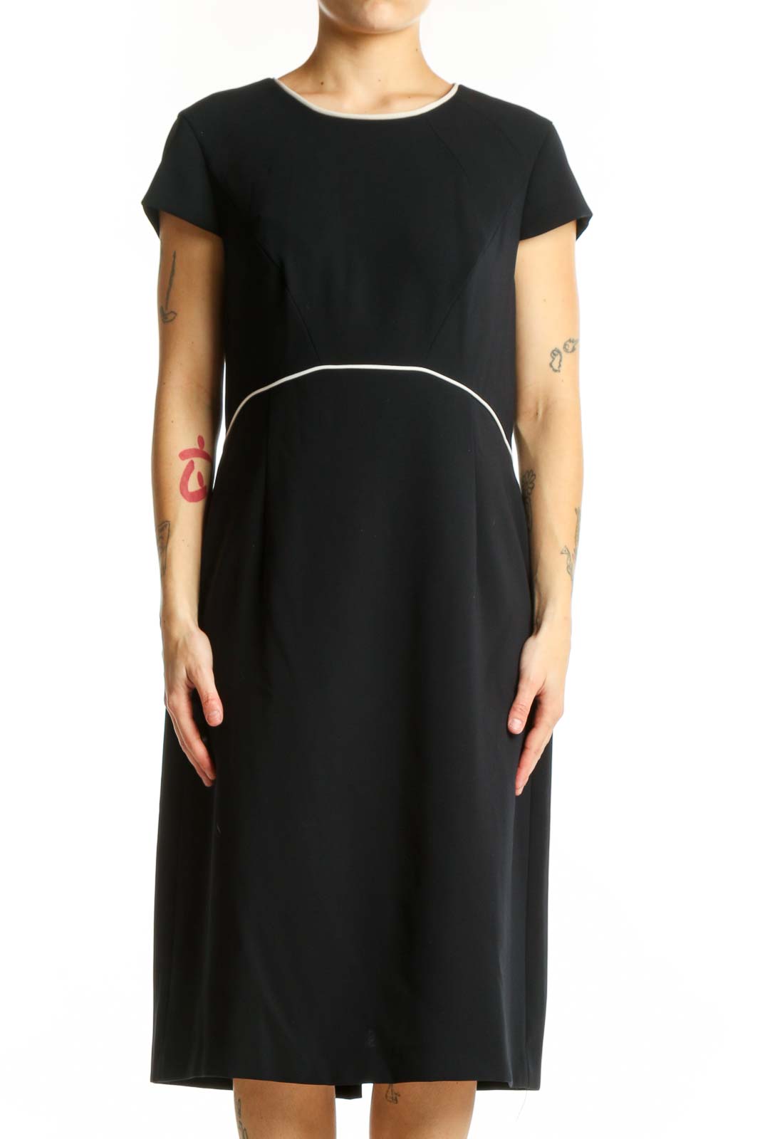 Black short sleeve A-line midi dress with white contrast waistline detail, front view