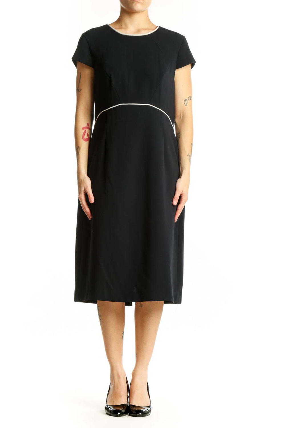 Black short sleeve A-line midi dress with white contrast waistline detail, front view