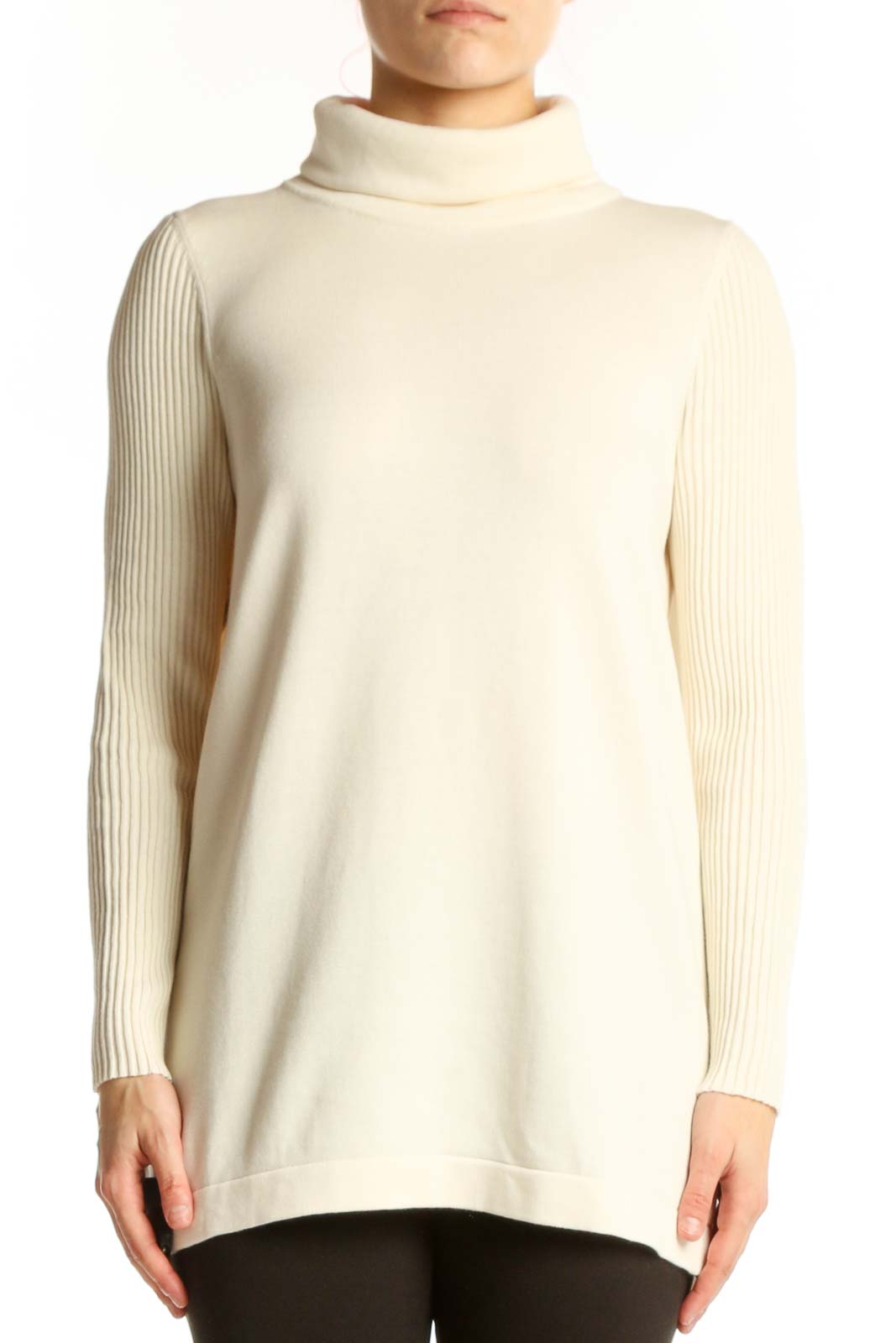 Front view of cream Pima Cotton turtleneck knit sweater with ribbed long sleeves by Edinburgh Knitwear