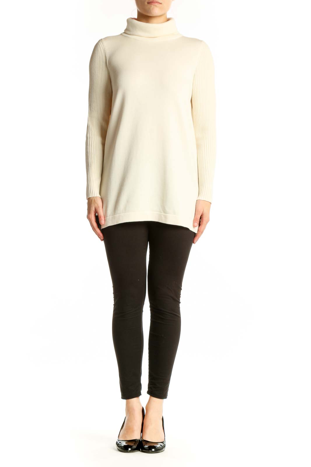 Front view of cream Pima Cotton turtleneck knit sweater with ribbed long sleeves by Edinburgh Knitwear