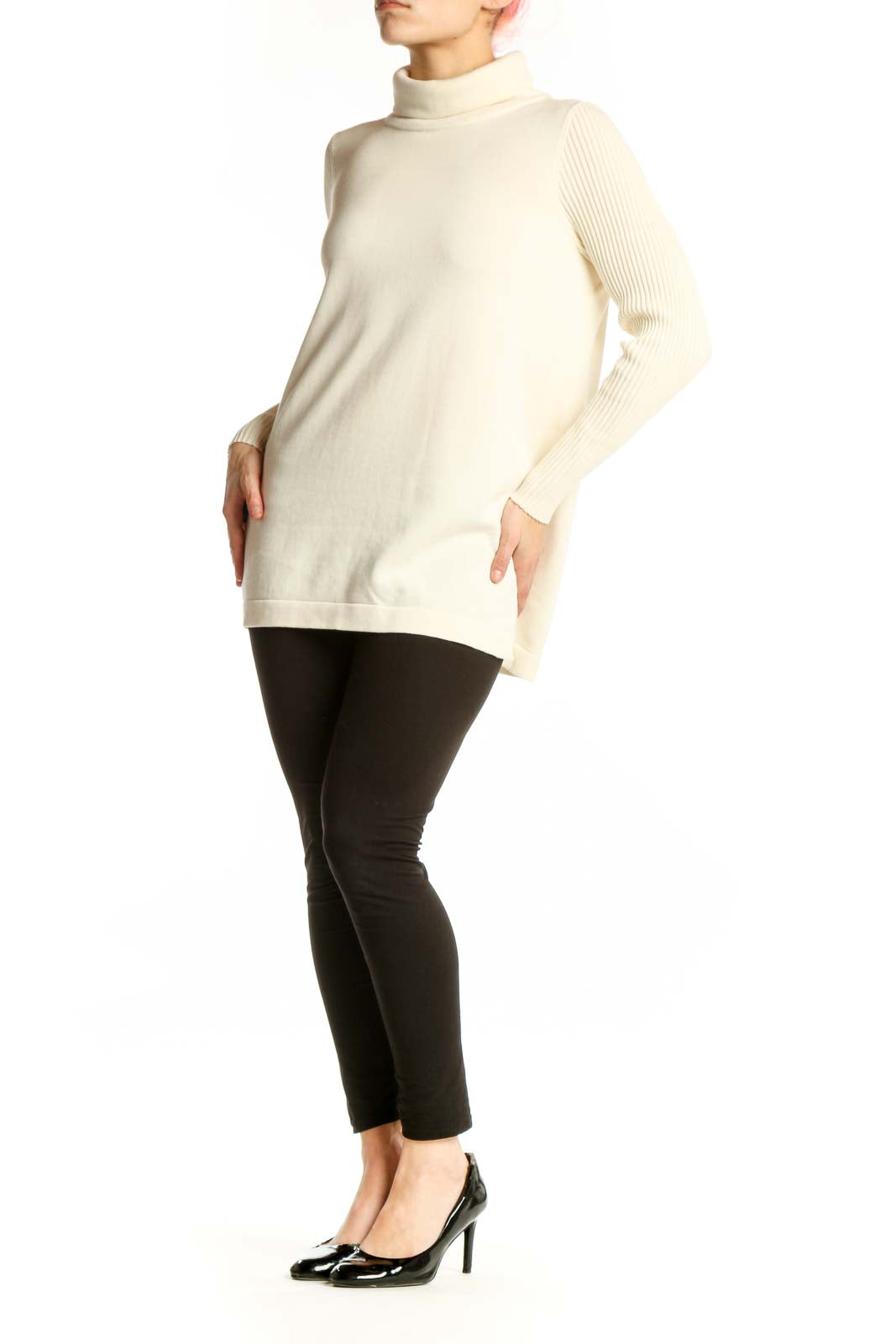 Front view of cream Pima Cotton turtleneck knit sweater with ribbed long sleeves by Edinburgh Knitwear