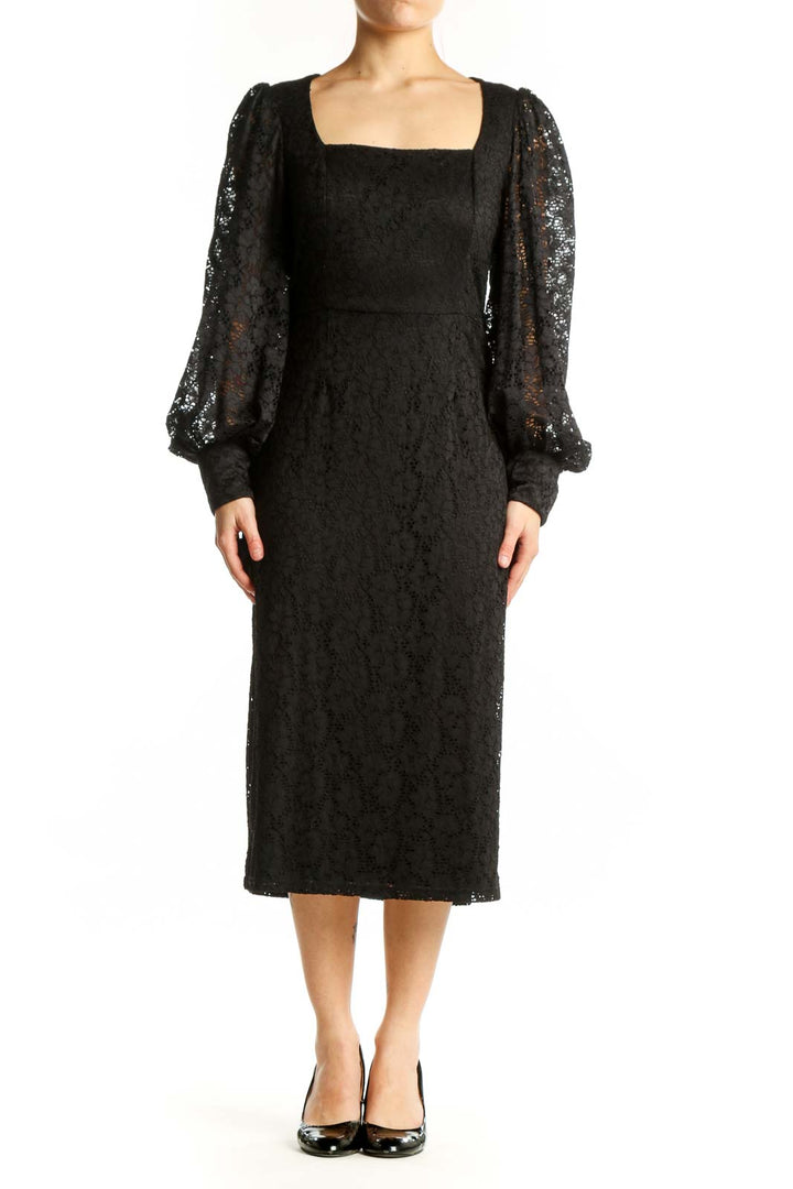 Black lace midi dress with puff sleeves and square neckline, front view