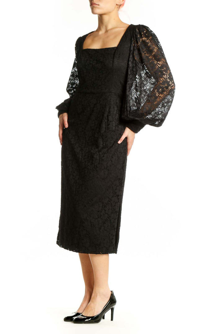 Black lace midi dress with puff sleeves and square neckline, front view