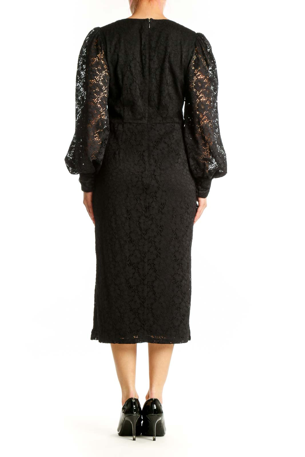 Black lace midi dress with dramatic puff sleeves, back view