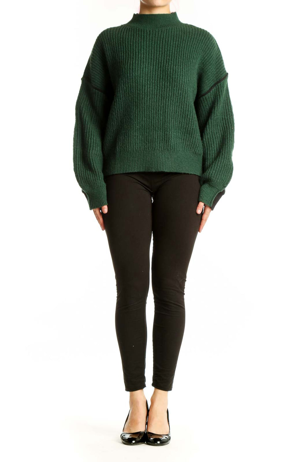 Forest green ribbed turtleneck pullover sweater with puffed sleeves and black trim detail, front view