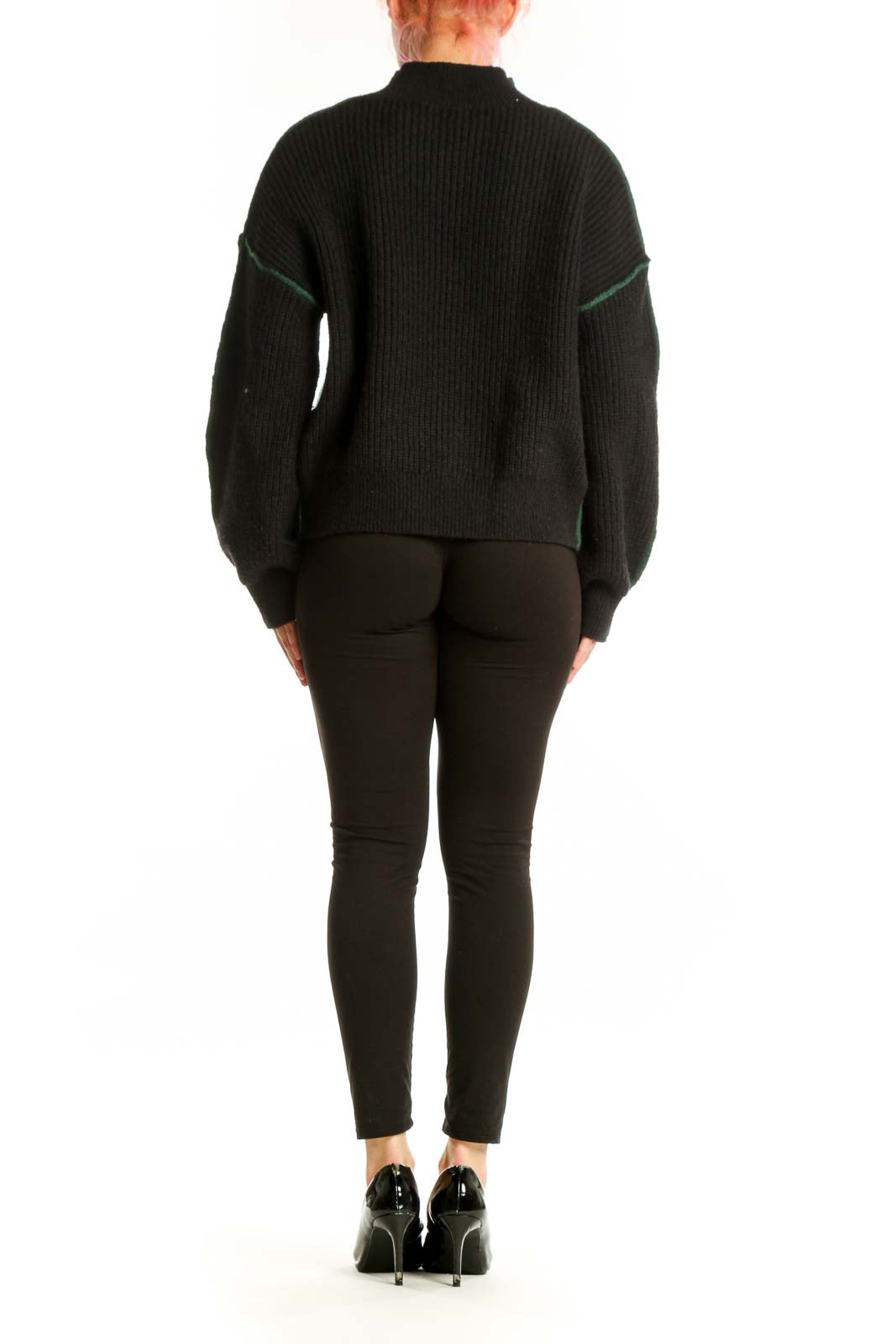 Forest green ribbed turtleneck pullover sweater with puffed sleeves, back view with black trim detailing