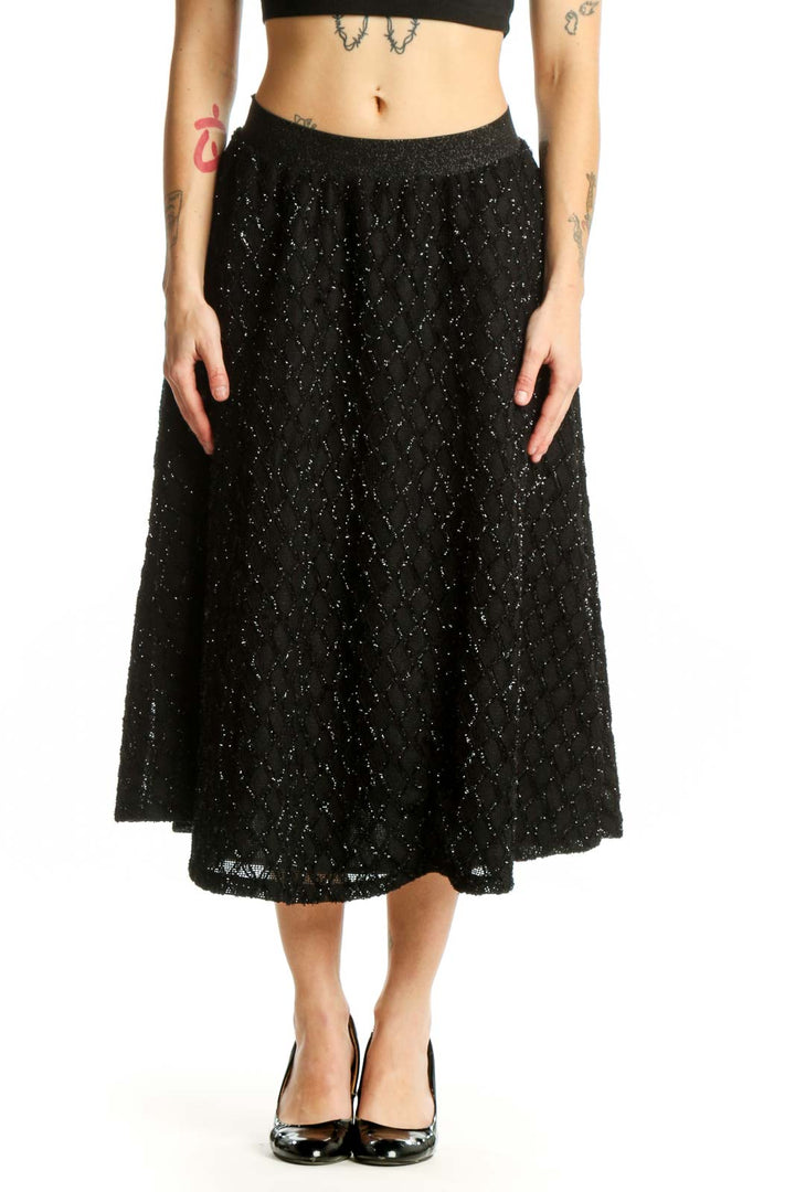 Black sparkle A-line midi skirt front view with glittering polyester fabric and elastic waistband
