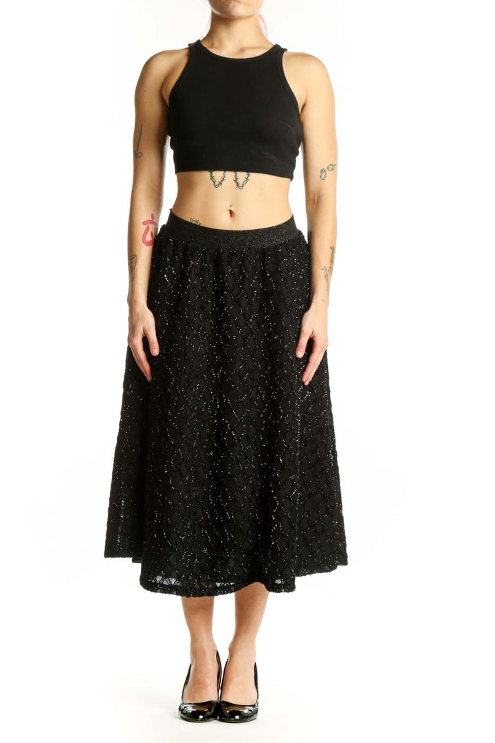 Black sparkle A-line midi skirt front view with glittering polyester fabric and elastic waistband