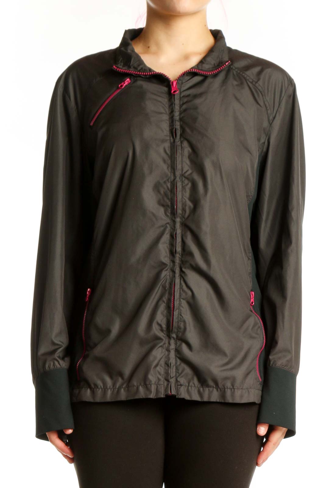 Black windbreaker jacket with pink trim and full-zip closure, front view on model
