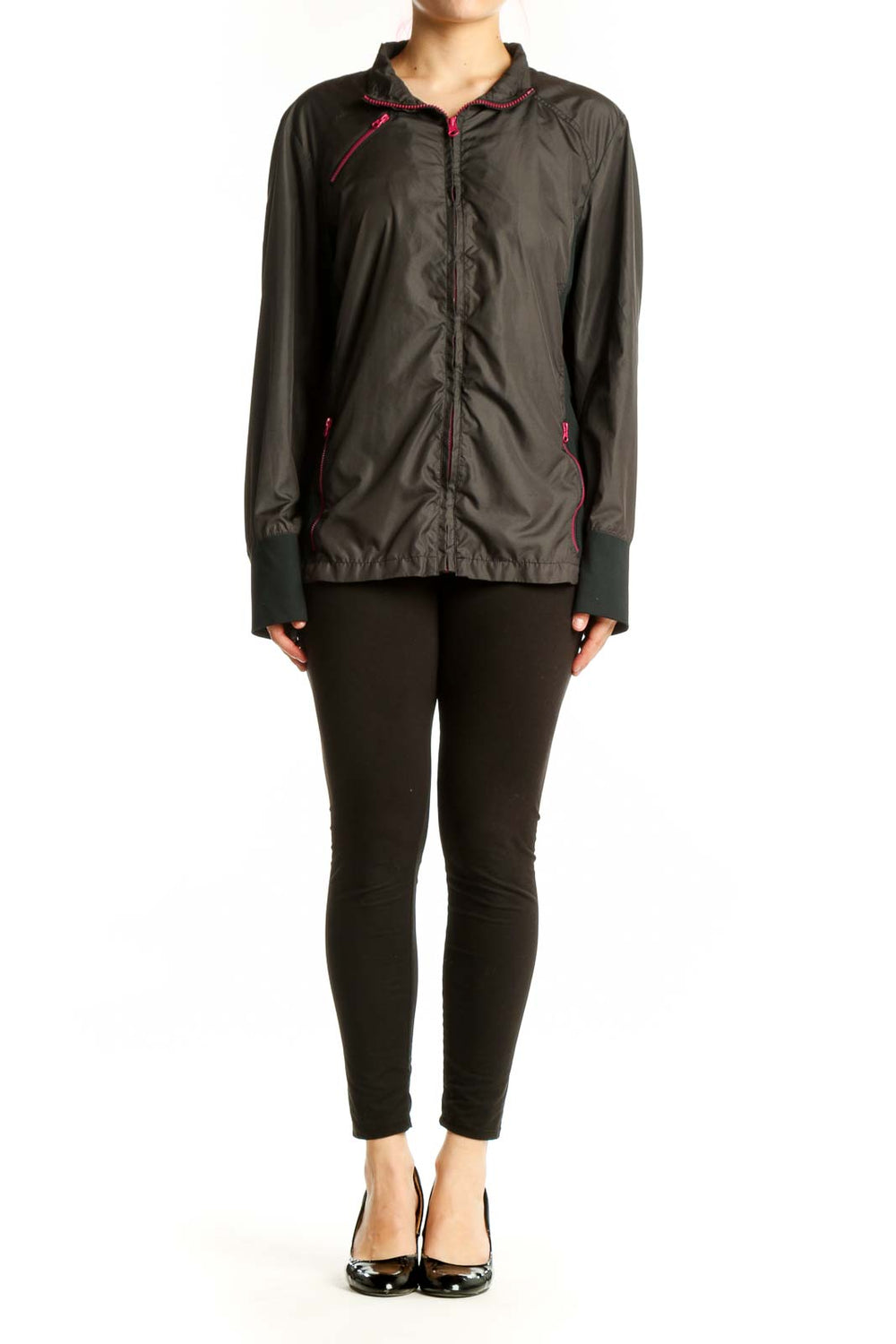 Black windbreaker jacket with pink trim and full-zip closure, front view on model