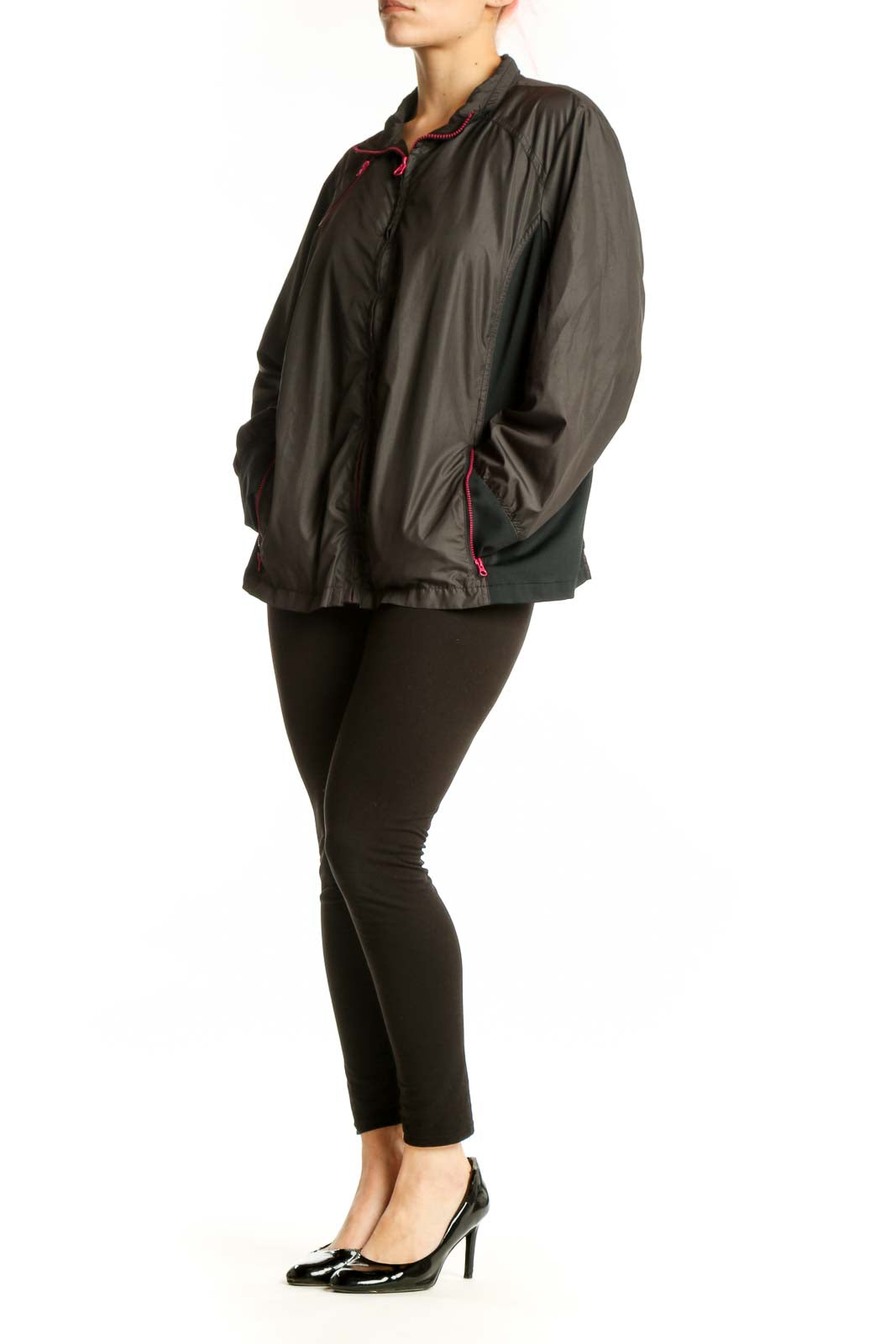 Black windbreaker jacket with pink trim and full-zip closure, front view on model