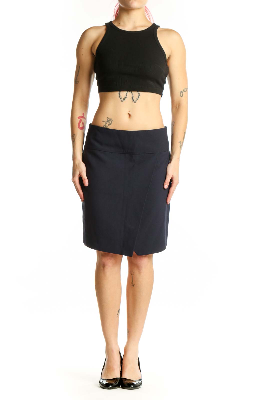Navy wrap knee-length skirt with asymmetrical slit front view on model