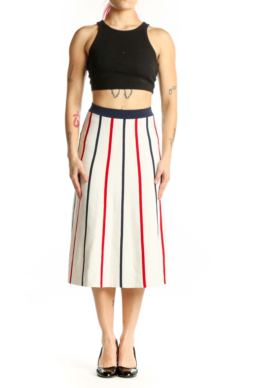 Front view of cream striped pleated midi skirt with navy and red vertical stripes by SilkRoll