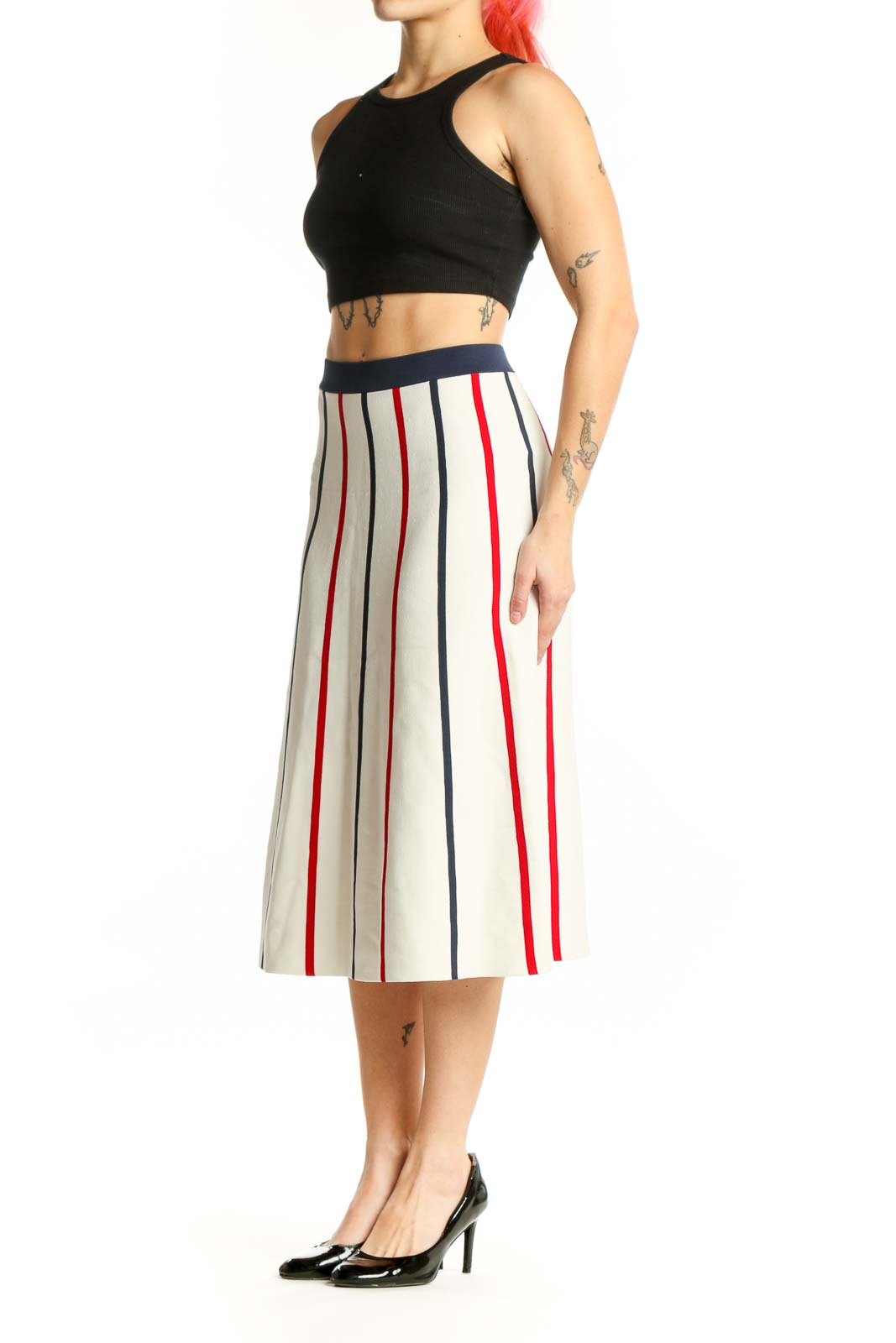 Front view of cream striped pleated midi skirt with navy and red vertical stripes by SilkRoll