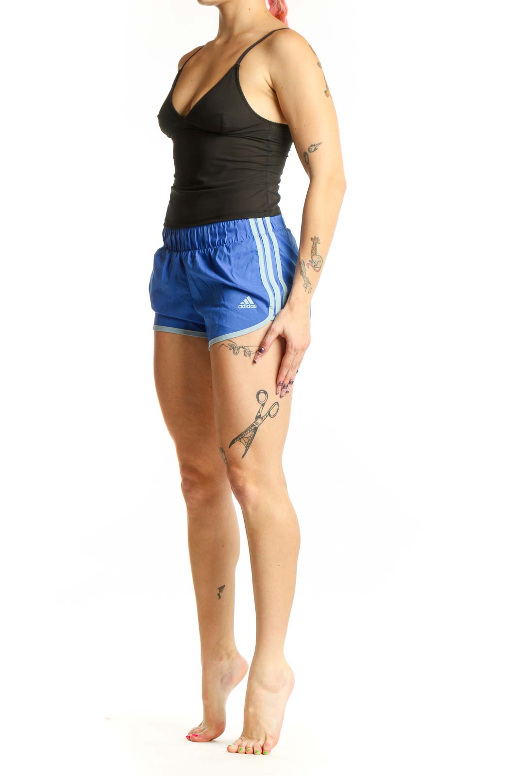 Front view of blue Adidas athletic shorts with elasticated waistband and contrast light blue lining