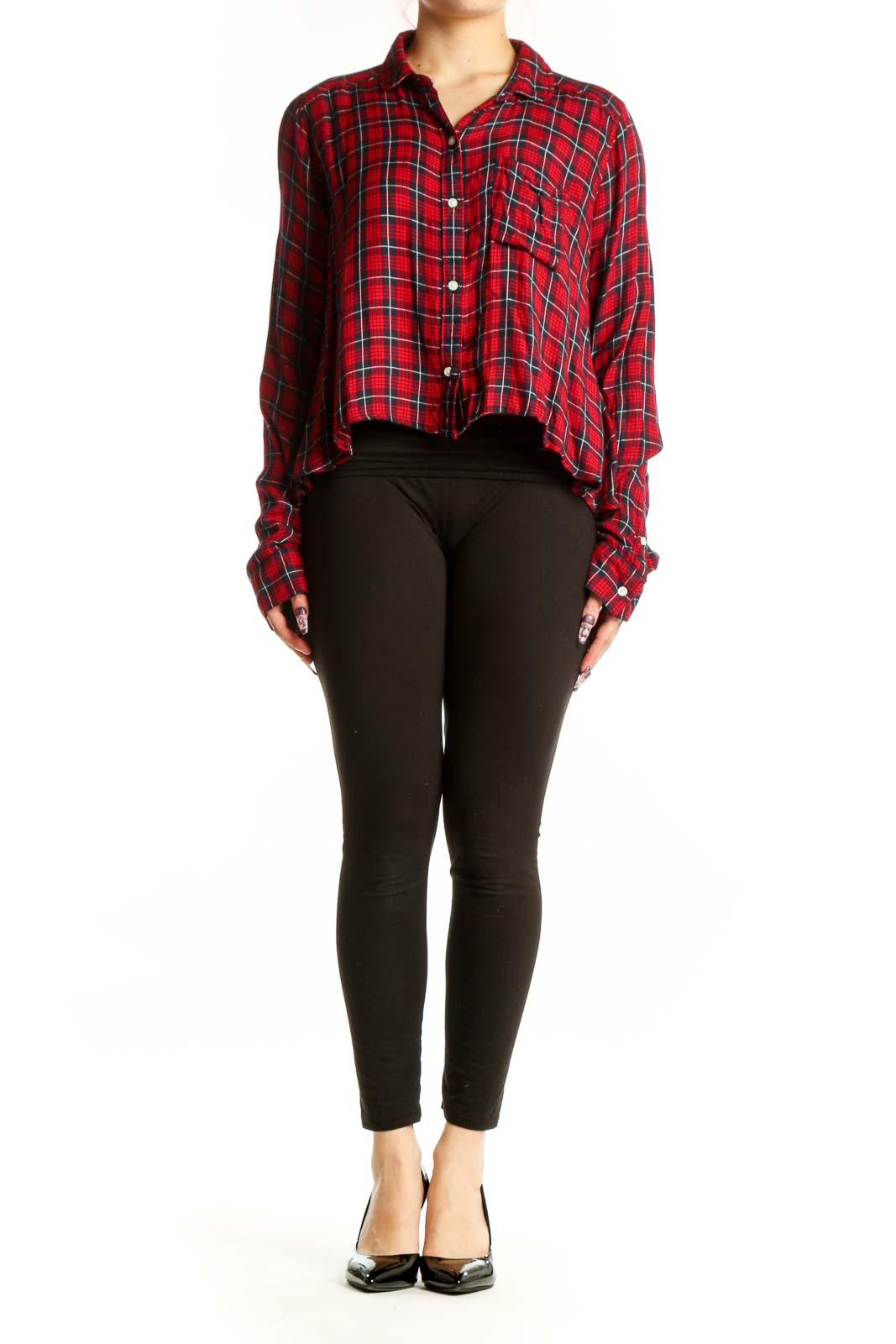Red plaid viscose button-up shirt with cropped fit, front view on model