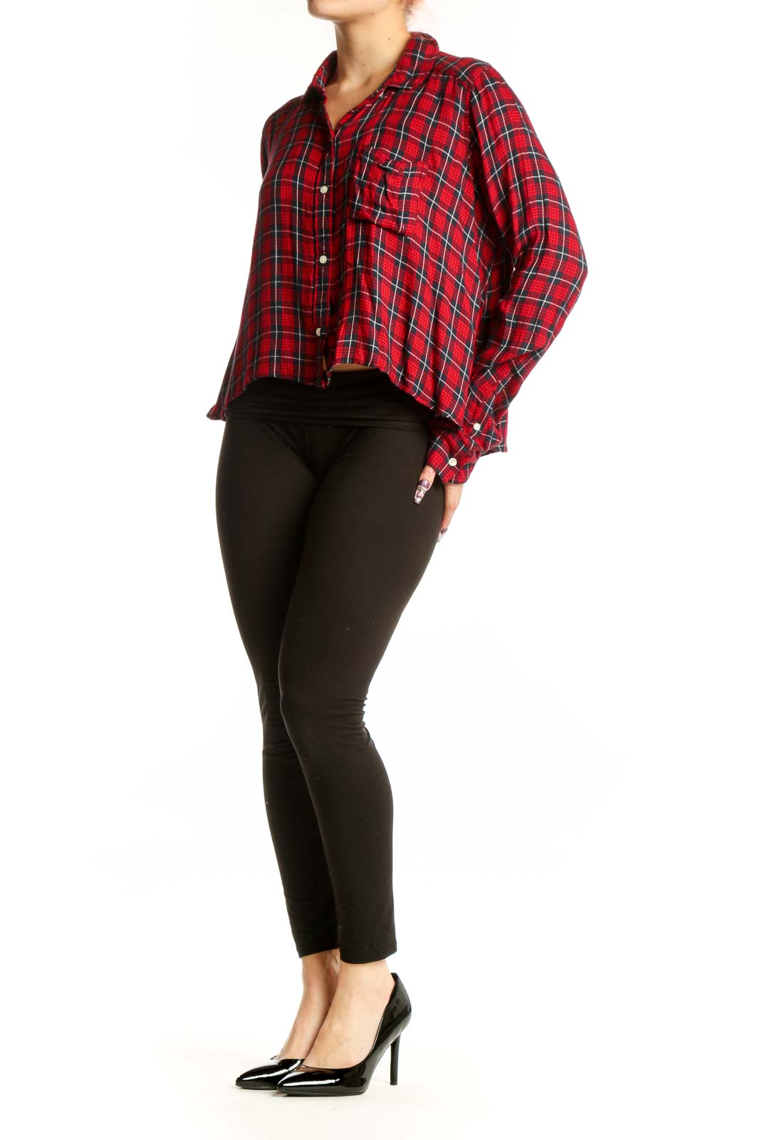 Red plaid viscose button-up shirt with cropped fit, front view on model