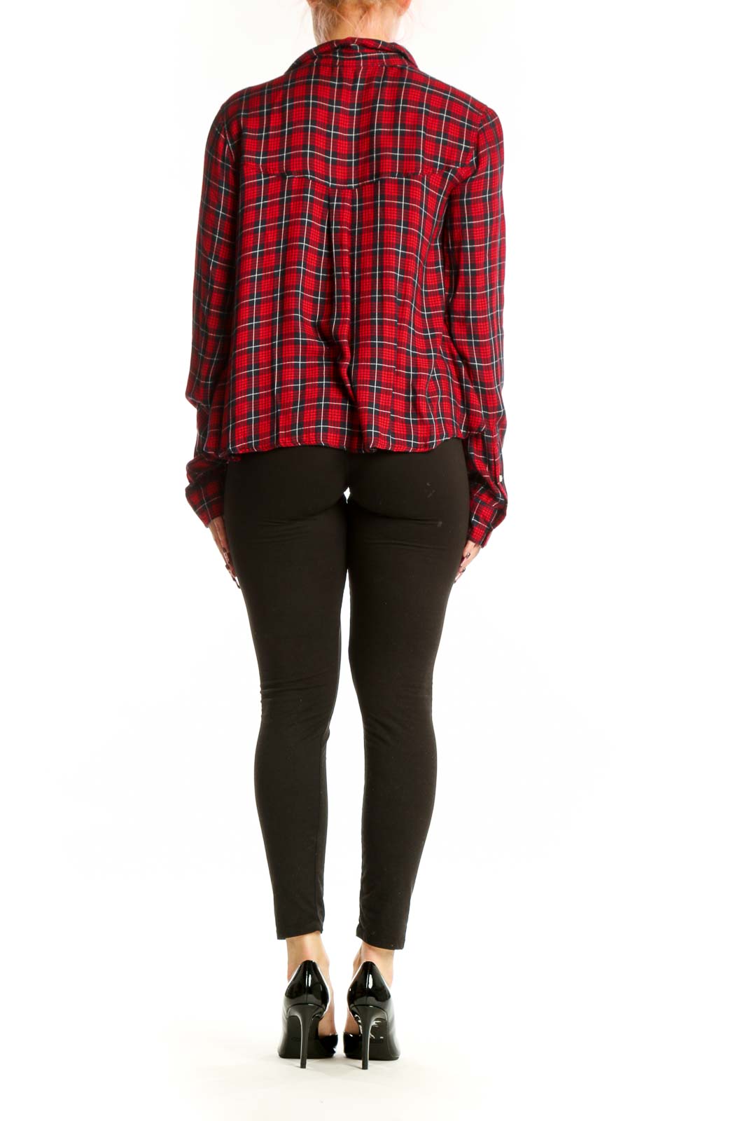 Red plaid viscose button-up shirt with cropped fit, back view on model