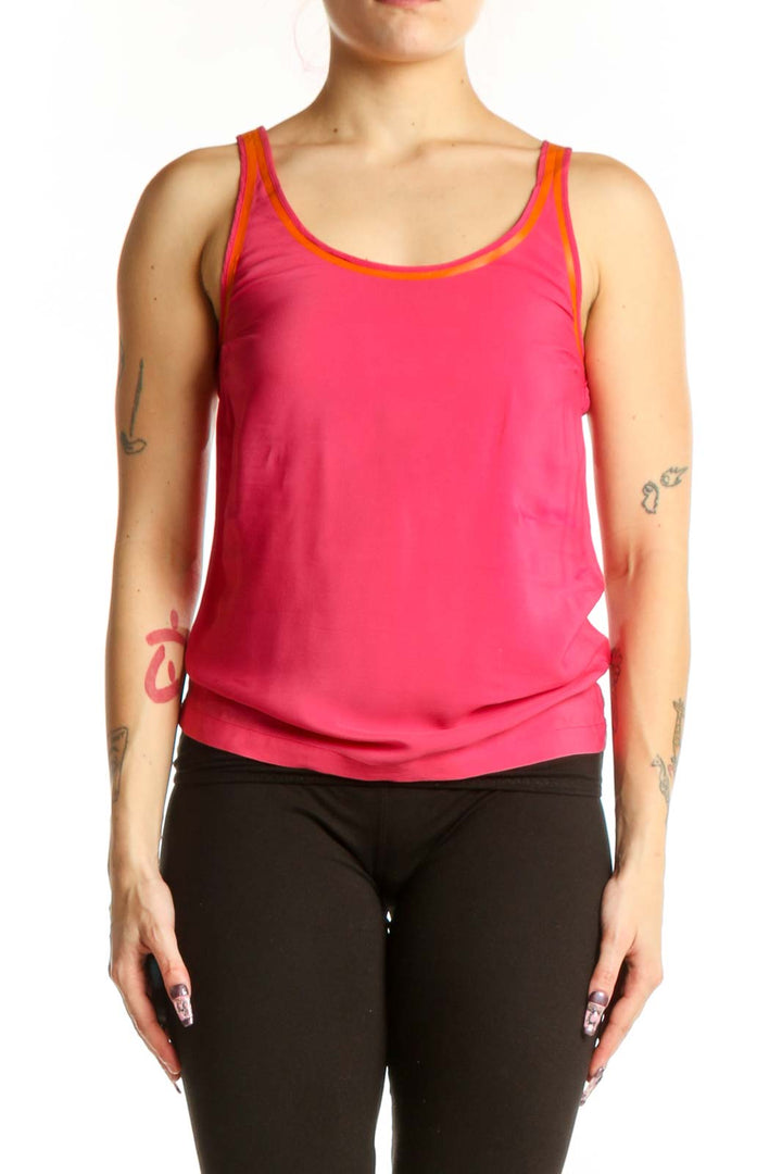 Pink silk acetate tank top by Paul Smith with orange trim detail, front view on model