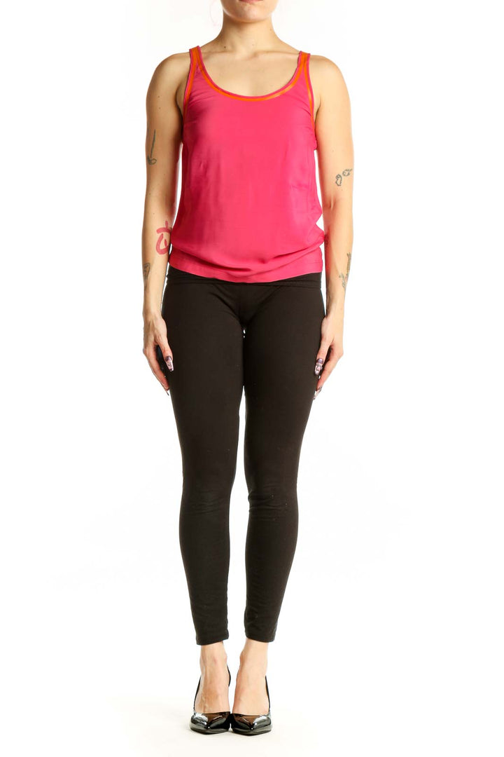 Pink silk acetate tank top by Paul Smith with orange trim detail, front view on model