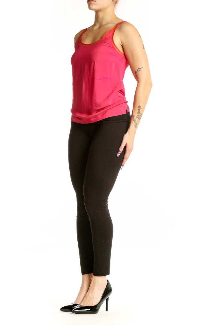 Pink silk acetate tank top by Paul Smith with orange trim detail, front view on model
