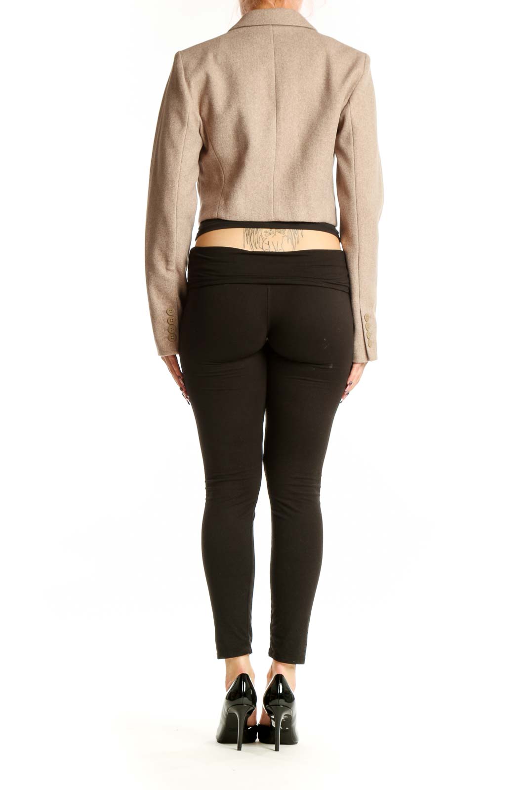 DKNY beige cropped blazer jacket back view showing tailored fit and structured design
