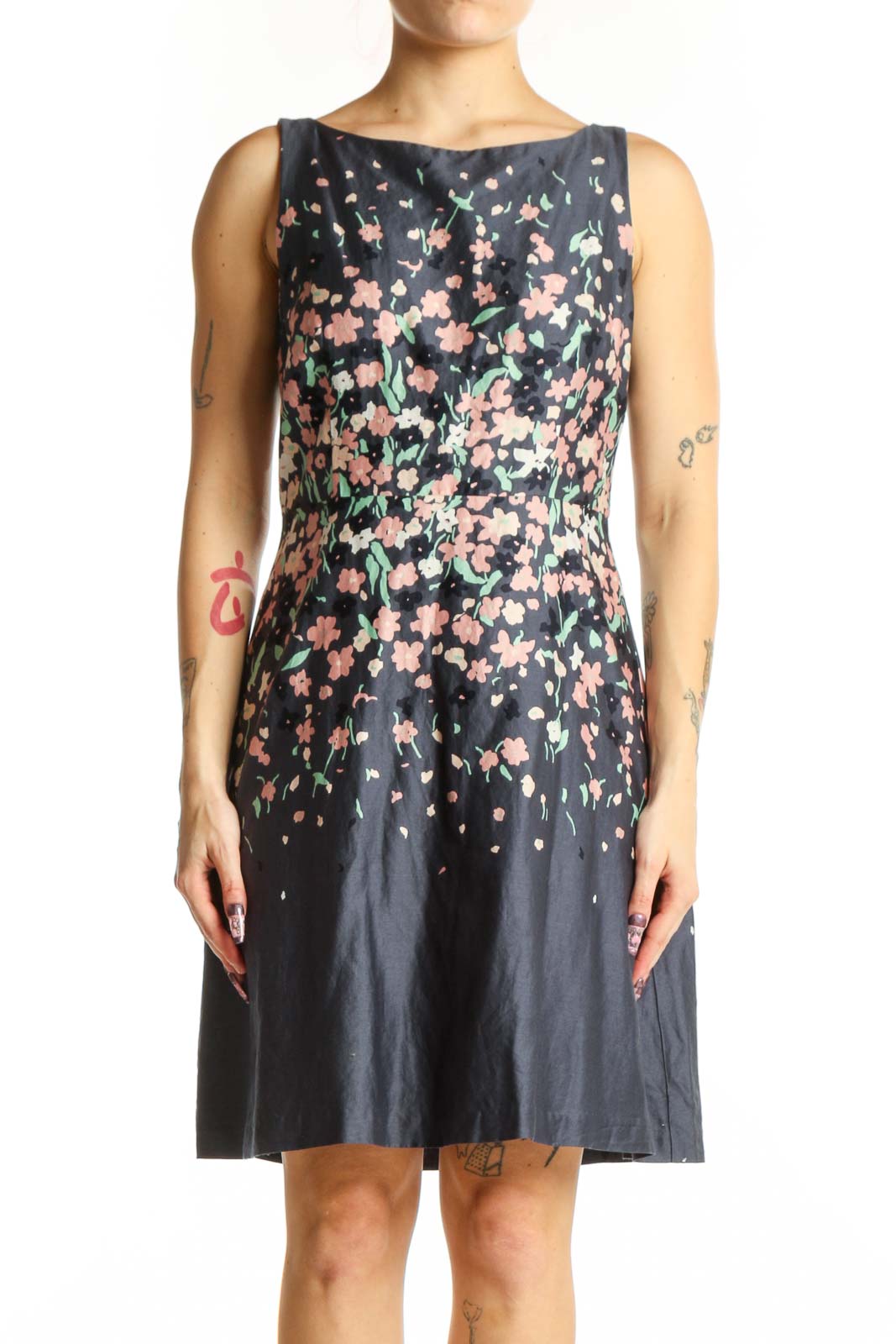 Navy floral A-line midi dress with pink and cream floral print, sleeveless crew neck design, front view