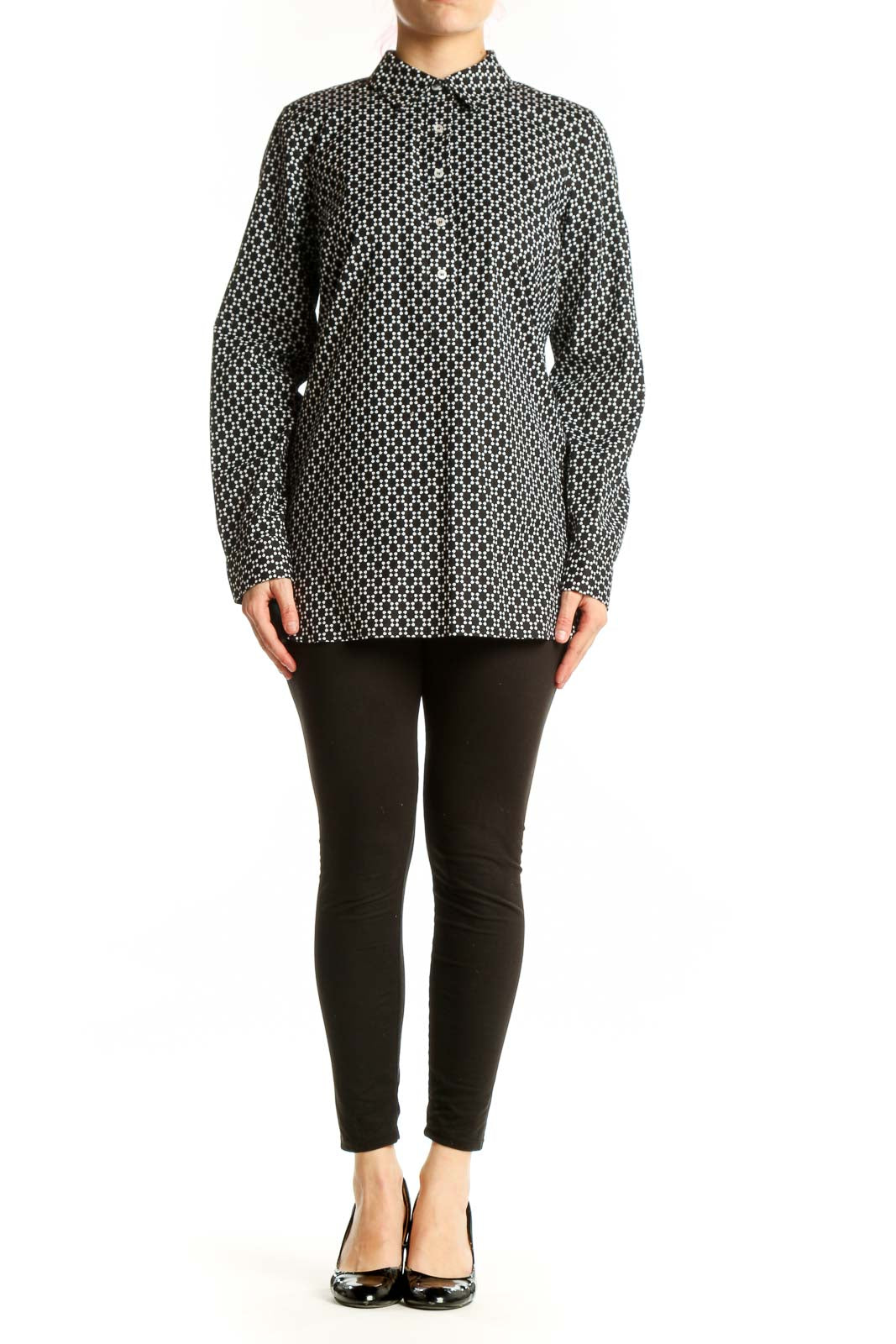 Black and white geometric print button-up shirt with long sleeves and collared neckline, front view