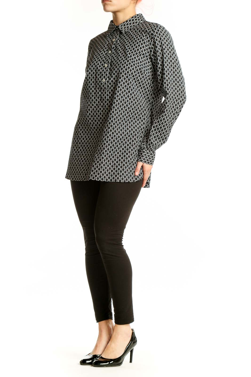 Black and white geometric print button-up shirt with long sleeves and collared neckline, front view